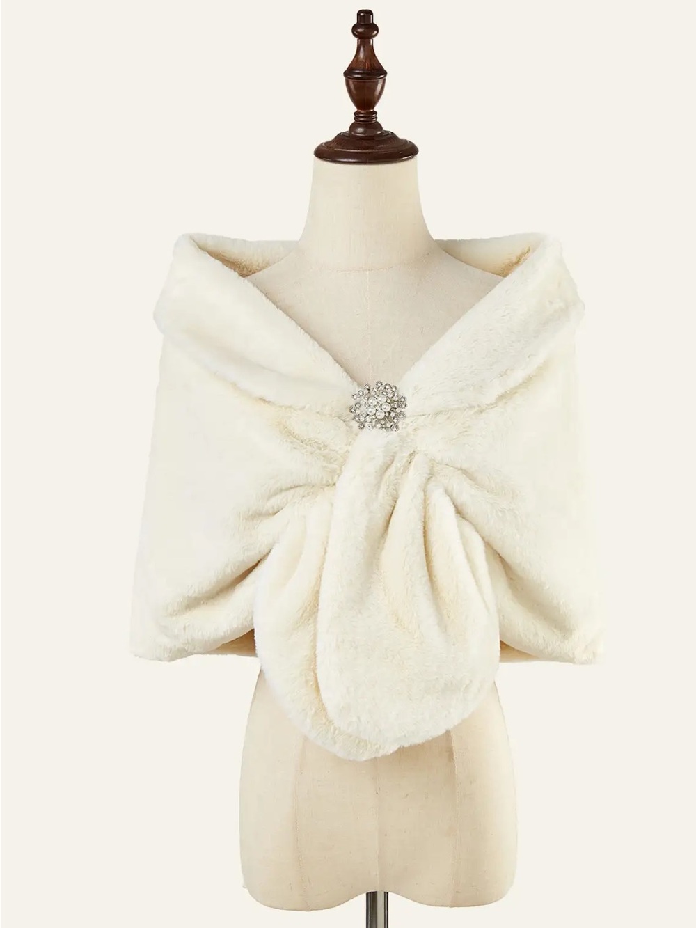 Azazie Ivory Faux Fur Shawl with Rhinestone Brooch